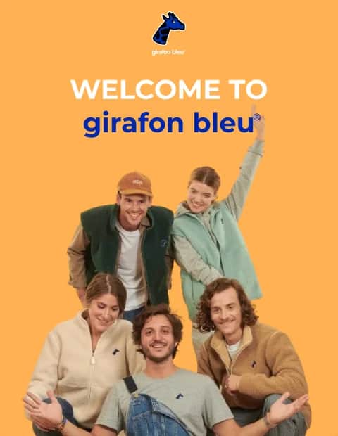 Girafon Bleu welcome email in orange and blue, introducing the brand with a 10% welcome code and pre-order product cards
