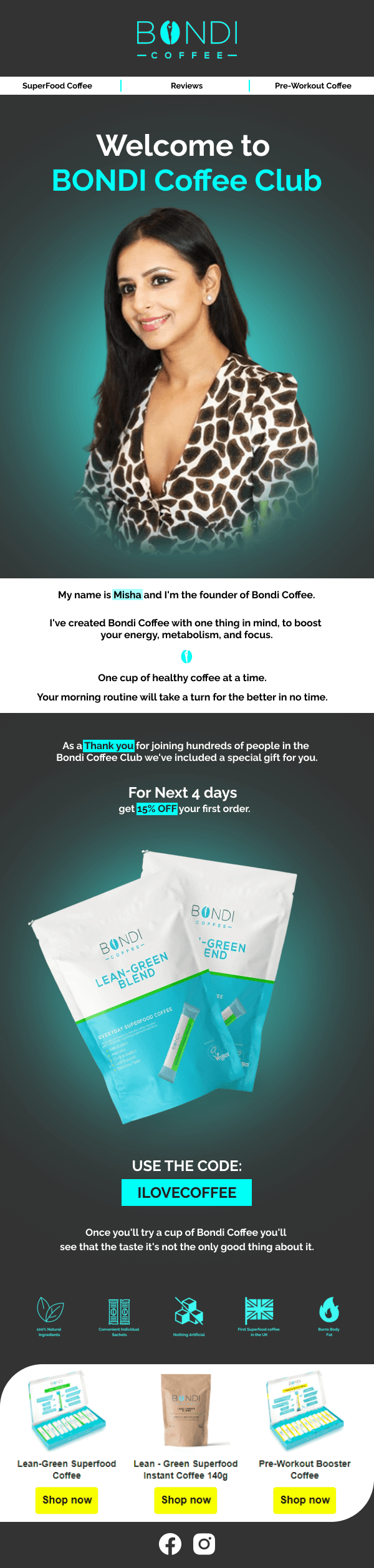 Bondi Coffee campaign email featuring product photography and a clear call to action