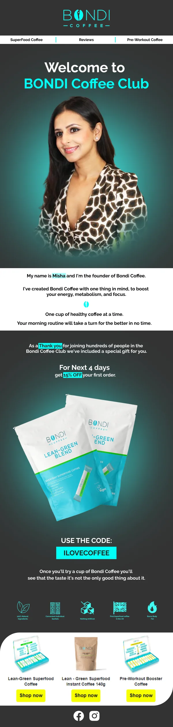 Bondi Coffee campaign email featuring product photography and a clear call to action
