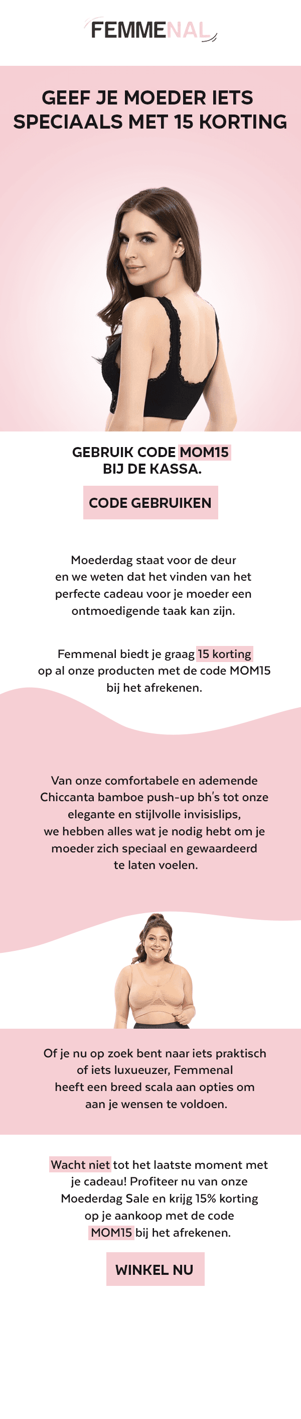 Femmenal campaign email with editorial layout and product benefit sections