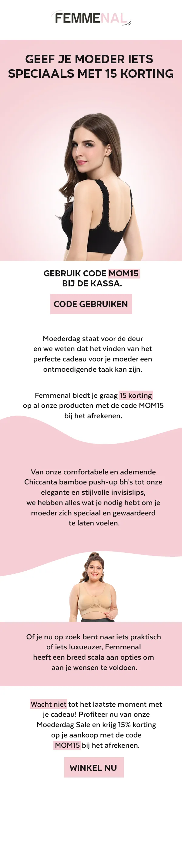 Femmenal campaign email with editorial layout and product benefit sections