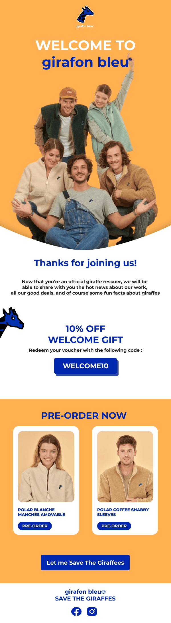 Girafon Bleu welcome email in orange and blue, introducing the brand with a 10% welcome code and pre-order product cards