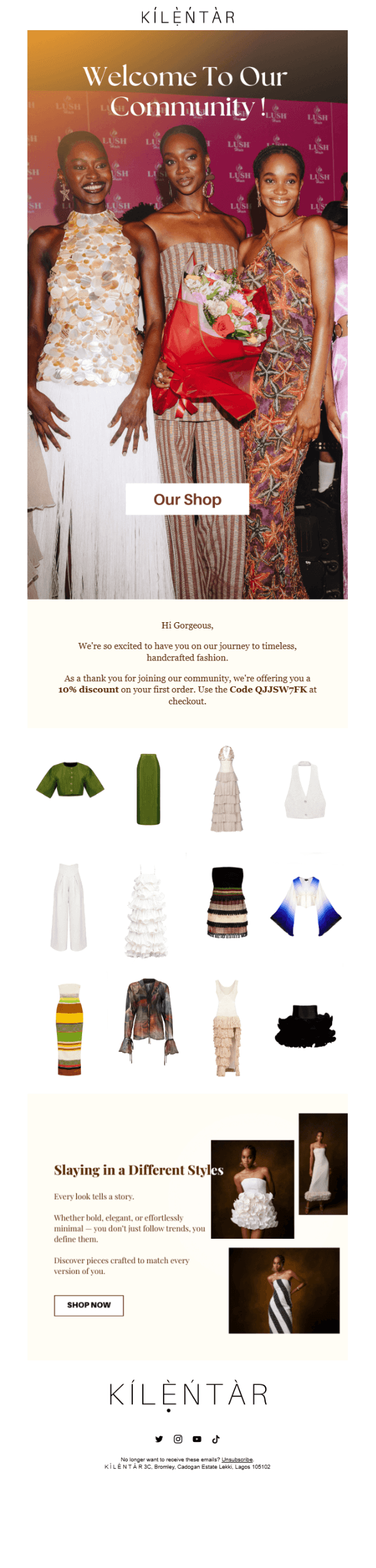 KÍLÈNTÀR welcome email opening on a red-carpet photograph of three women in handcrafted pieces, followed by a first-order discount code, a twelve-piece product grid and a Slaying in a Different Styles editorial section