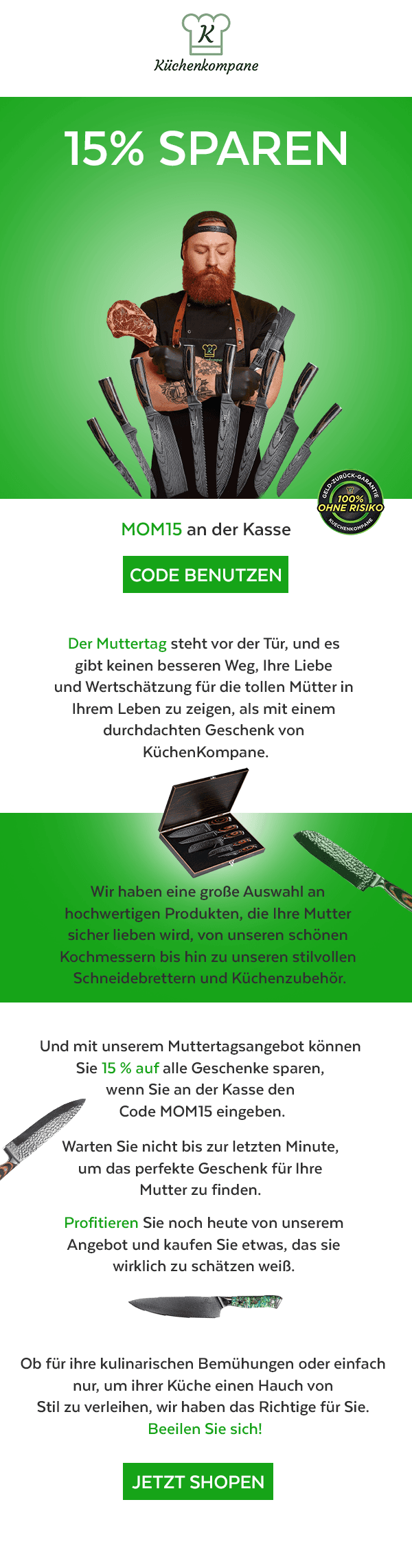 Kuchenkompane Mother’s Day campaign email with seasonal styling and gift product cards