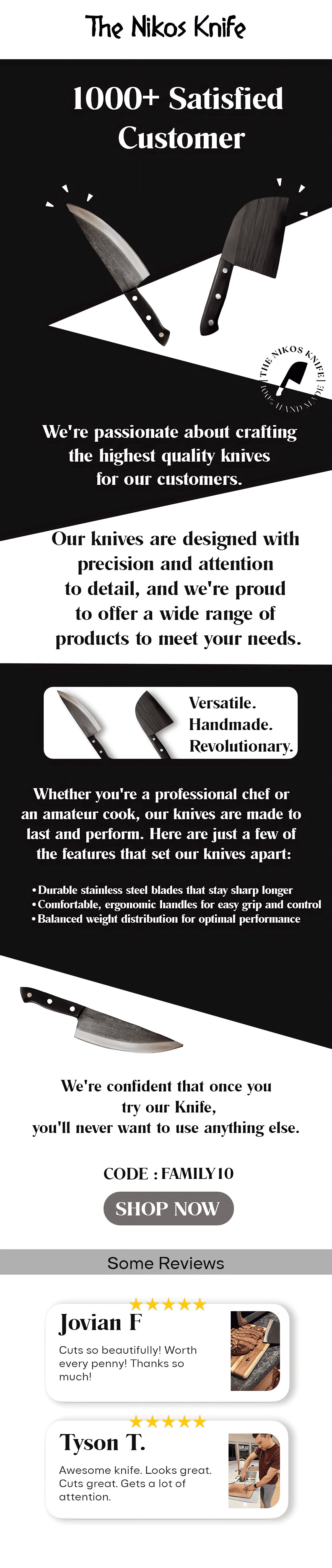 The Nikos Knife long-form welcome email introducing the product story and craftsmanship